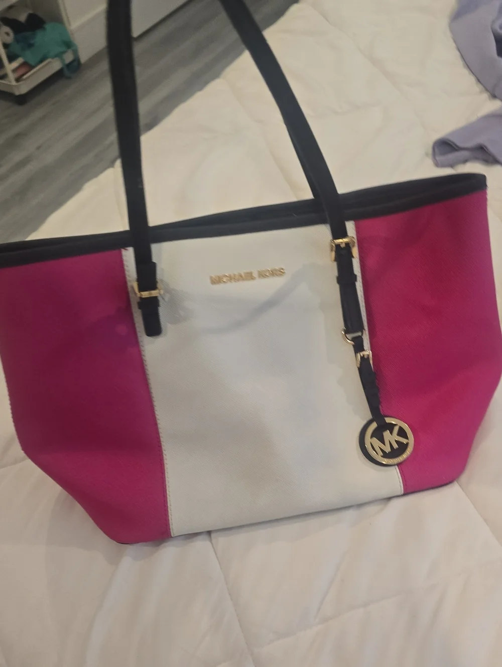 Michael Kors Hot Pink, White and Black Tote with Gold Logo Charm